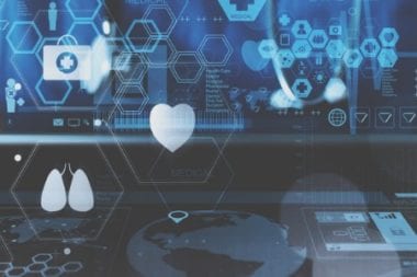 healthcare data graphic overlayed on photo of nurse holding tablet